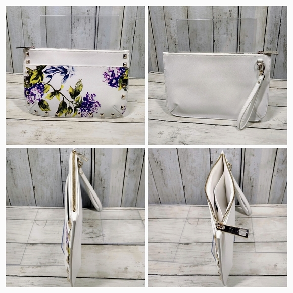 White House Black Market Vegan Lthr White Floral Zip Multi-Pocket Wristlet NWOT - Picture 7 of 10